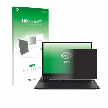 Face avant d’un emballage produit avec le logo de la marque upscreen. À côté, l’appareil Lenovo ThinkPad L16 Gen 1 est représe