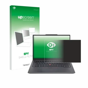 Face avant d’un emballage produit avec le logo de la marque upscreen. À côté, l’appareil Lenovo ThinkPad E14 Gen 6 est représe