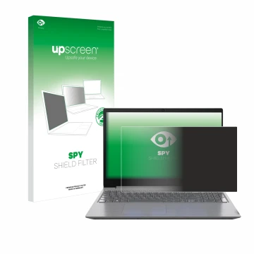 Face avant d’un emballage produit avec le logo de la marque upscreen. À côté, l’appareil Lenovo 15.6