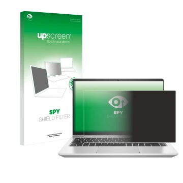 Face avant d’un emballage produit avec le logo de la marque upscreen. À côté, l’appareil HP ProBook 445 G9 est représenté avec