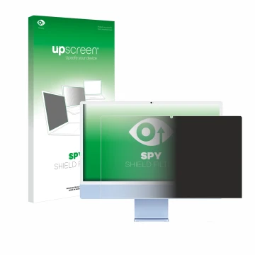 Face avant d’un emballage produit avec le logo de la marque upscreen. À côté, l’appareil Apple iMac 24