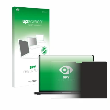 Face avant d’un emballage produit avec le logo de la marque upscreen. À côté, l’appareil Apple MacBook Pro 16