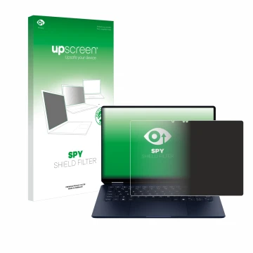 Face avant d’un emballage produit avec le logo de la marque upscreen. À côté, l’appareil HP OmniBook Ultra Flip 14-fh est repr