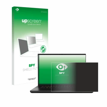 Face avant d’un emballage produit avec le logo de la marque upscreen. À côté, l’appareil Razer Blade 16 2024 est représenté av