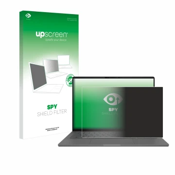 Face avant d’un emballage produit avec le logo de la marque upscreen. À côté, l’appareil ASUS ZenBook A14 UX3407 est représent