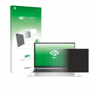 Face avant d’un emballage produit avec le logo de la marque upscreen. À côté, l’appareil HP EliteBook 855 G8 est représenté av