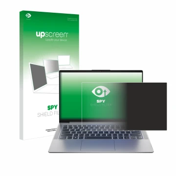 Face avant d’un emballage produit avec le logo de la marque upscreen. À côté, l’appareil Lenovo IdeaPad 5 14ALC05 est représen