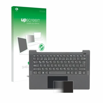 Face avant d’un emballage produit avec le logo de la marque upscreen. À côté, l’appareil Lenovo IdeaPad 5 14ALC05 Touchpad est