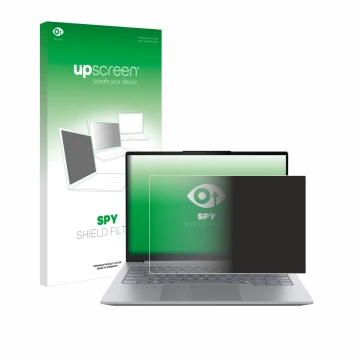 Face avant d’un emballage produit avec le logo de la marque upscreen. À côté, l’appareil Lenovo ThinkBook 14 Gen 8 est représe