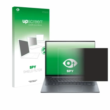Face avant d’un emballage produit avec le logo de la marque upscreen. À côté, l’appareil HP Dragonfly 13.5