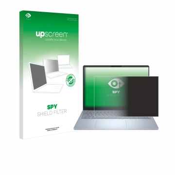 Face avant d’un emballage produit avec le logo de la marque upscreen. À côté, l’appareil Dell 16 Plus Laptop est représenté av