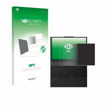 Face avant d’un emballage produit avec le logo de la marque upscreen. À côté, l’appareil Lenovo ThinkPad T16 Gen 4 est représe