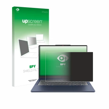 Face avant d’un emballage produit avec le logo de la marque upscreen. À côté, l’appareil Lenovo IdeaPad 5 2-in-1 Gen 10 14