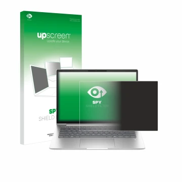 Face avant d’un emballage produit avec le logo de la marque upscreen. À côté, l’appareil HP EliteBook 6 G1a 14