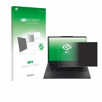Face avant d’un emballage produit avec le logo de la marque upscreen. À côté, l’appareil Lenovo ThinkPad T14 Gen 6 est représe