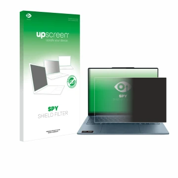 Face avant d’un emballage produit avec le logo de la marque upscreen. À côté, l’appareil Lenovo Yoga Slim 7 Gen 10 14