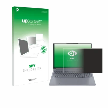 Face avant d’un emballage produit avec le logo de la marque upscreen. À côté, l’appareil Lenovo ThinkBook 16p Gen 6 est représ