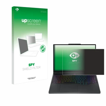 Face avant d’un emballage produit avec le logo de la marque upscreen. À côté, l’appareil Lenovo Legion 5i Gen 10 15