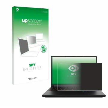 Face avant d’un emballage produit avec le logo de la marque upscreen. À côté, l’appareil XMG Pro 16 est représenté avec la pro