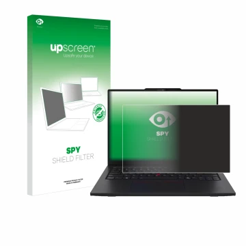 Face avant d’un emballage produit avec le logo de la marque upscreen. À côté, l’appareil Lenovo ThinkPad L13 Gen 6 est représe