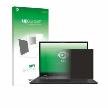 Face avant d’un emballage produit avec le logo de la marque upscreen. À côté, l’appareil MSI Prestige 16 AI Evo B1M est représ