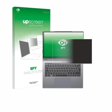 Face avant d’un emballage produit avec le logo de la marque upscreen. À côté, l’appareil Tuxedo InfinityBook Pro 14 Gen 10 est