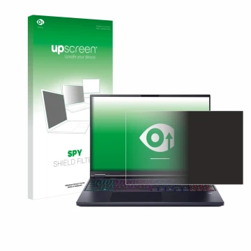 Face avant d’un emballage produit avec le logo de la marque upscreen. À côté, l’appareil Acer Predator Helios Neo 16 AI est re