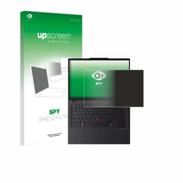Face avant d’un emballage produit avec le logo de la marque upscreen. À côté, l’appareil Lenovo ThinkPad P14s Gen 6 14.5