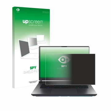 Face avant d’un emballage produit avec le logo de la marque upscreen. À côté, l’appareil ASUS ROG Strix G16 2025 est représent