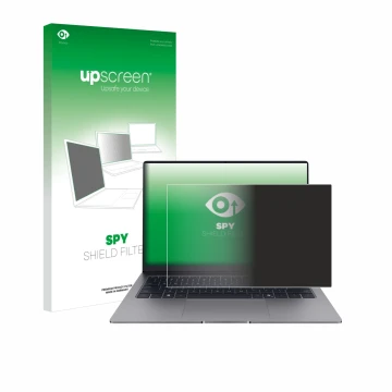 Face avant d’un emballage produit avec le logo de la marque upscreen. À côté, l’appareil Honor MagicBook X14 Plus 2025 est rep