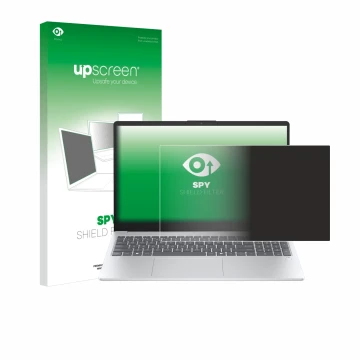 Face avant d’un emballage produit avec le logo de la marque upscreen. À côté, l’appareil HP OmniBook 3 15