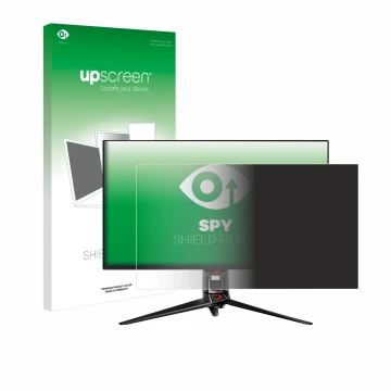 Face avant d’un emballage produit avec le logo de la marque upscreen. À côté, l’appareil ASUS ROG Swift PG32UCDM est représent