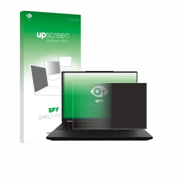 Face avant d’un emballage produit avec le logo de la marque upscreen. À côté, l’appareil XMG Apex 16 Max est représenté avec l