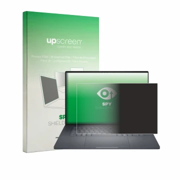 Face avant d’un emballage produit avec le logo de la marque upscreen. À côté, l’appareil Dell Pro Precision 7 Series 16 est re