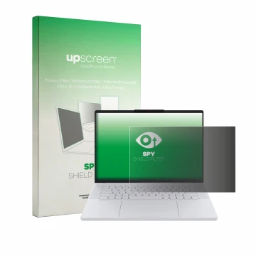 Face avant d’un emballage produit avec le logo de la marque upscreen. À côté, l’appareil Lenovo Googlebook 15 est représenté a