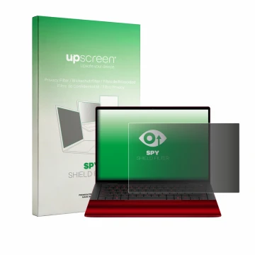 Face avant d’un emballage produit avec le logo de la marque upscreen. À côté, l’appareil HP Scuderia Ferrari Notebook est repr