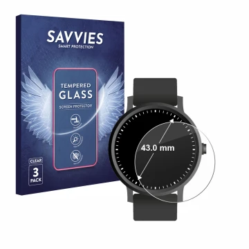Face avant d’un emballage produit avec le logo de la marque Savvies. À côté, l’appareil Montres (Circulaire, ø: 43 mm) est rep
