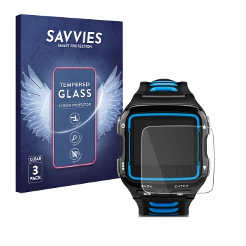 Face avant d’un emballage produit avec le logo de la marque Savvies. À côté, l’appareil Garmin Forerunner 920XT est représenté