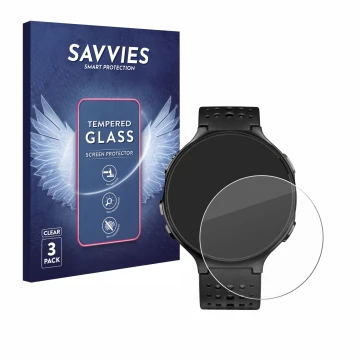 Face avant d’un emballage produit avec le logo de la marque Savvies. À côté, l’appareil Garmin Forerunner 235 est représenté a