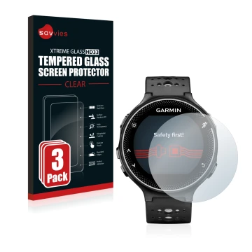 Face avant d’un emballage produit avec le logo de la marque Savvies. À côté, l’appareil Garmin Forerunner 230 est représenté a