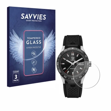 Face avant d’un emballage produit avec le logo de la marque Savvies. À côté, l’appareil TAG Heuer Connected 46 est représenté 
