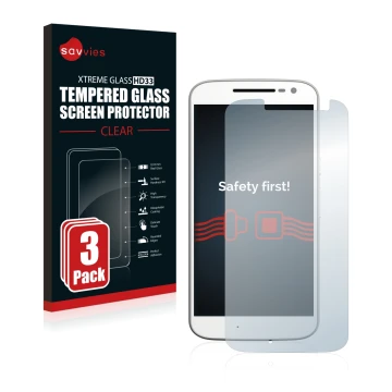 Face avant d’un emballage produit avec le logo de la marque Savvies. À côté, l’appareil Motorola Moto G4 est représenté avec l