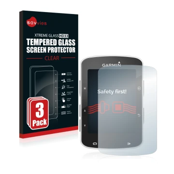 Face avant d’un emballage produit avec le logo de la marque Savvies. À côté, l’appareil Garmin Edge 820 est représenté avec la