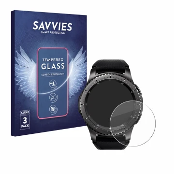 Face avant d’un emballage produit avec le logo de la marque Savvies. À côté, l’appareil Samsung Gear S3 Frontier est représent