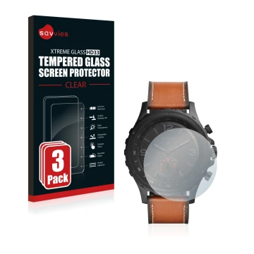 Face avant d’un emballage produit avec le logo de la marque Savvies. À côté, l’appareil Fossil Q Nate est représenté avec la p