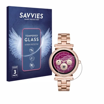 Face avant d’un emballage produit avec le logo de la marque Savvies. À côté, l’appareil Michael Kors Access Sofie est représen