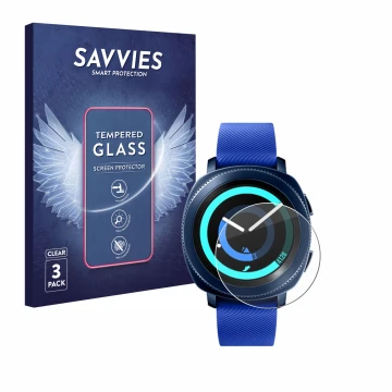 Face avant d’un emballage produit avec le logo de la marque Savvies. À côté, l’appareil Samsung Gear Sport est représenté avec