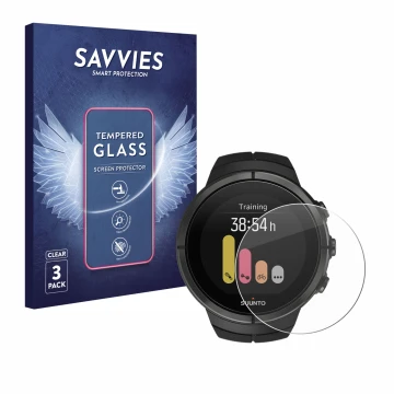 Face avant d’un emballage produit avec le logo de la marque Savvies. À côté, l’appareil Suunto Spartan Ultra est représenté av