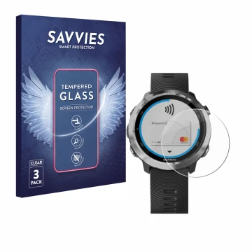 Face avant d’un emballage produit avec le logo de la marque Savvies. À côté, l’appareil Garmin Forerunner 645 est représenté a
