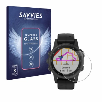 Face avant d’un emballage produit avec le logo de la marque Savvies. À côté, l’appareil Garmin Fenix 5S Plus (42 mm) est repré